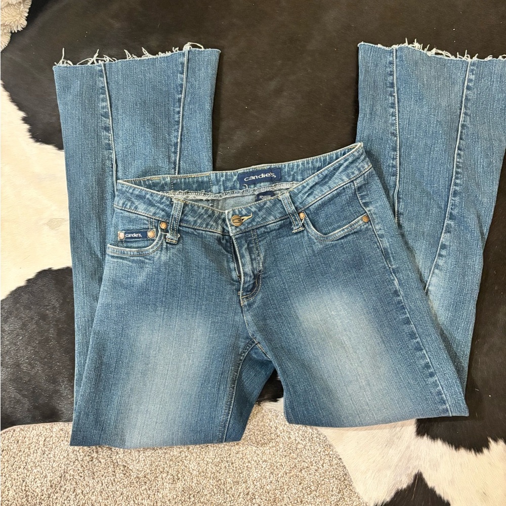 Candie's Blue Flare Wide Leg Jeans with Distressed Hem